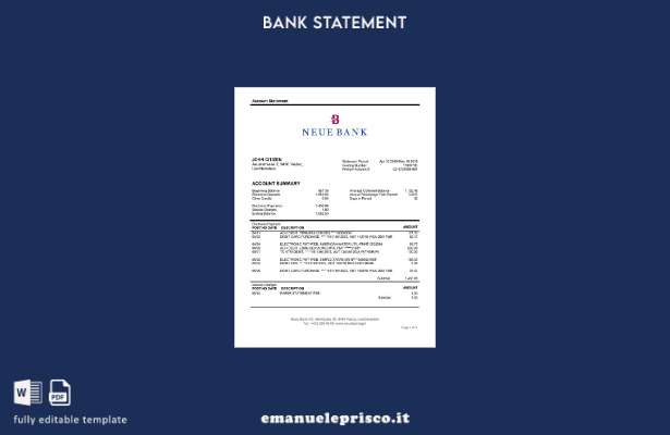 modello word di estratto conto bancario Liechtenstein Neue Bank AG in stile veri